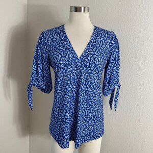 Hale Bob Royal Blue and White V-Neck Tie-Sleeve Blouse